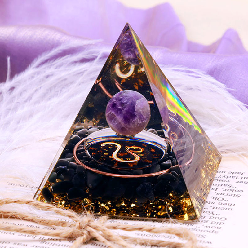 Olivenorma Amethyst Sphere With Obsidian Zodiac Leo Orgone Pyramid