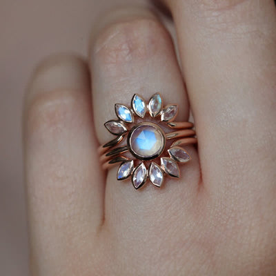 Olivenorma “Tide Goddess” - Sun Flower Moonstone 3 - Piece Ring