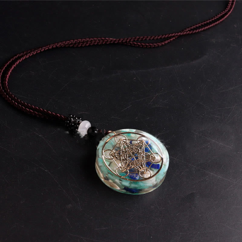 Olivenorma Amazonite Lapis Lazuli Pearl Metatron's Cube Pendant Necklace