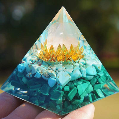 Olivenorma Clear Crystal Turquoise Malachite Lotus Symbol Orgone Pyramid