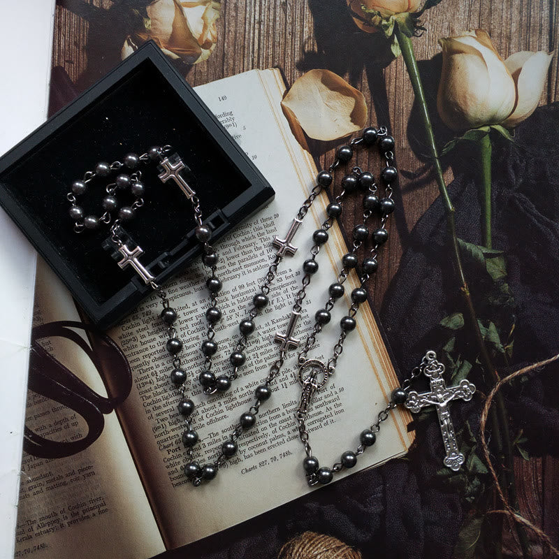 Olivenorma Hematite Jesus Medal Cross Rosary Necklace