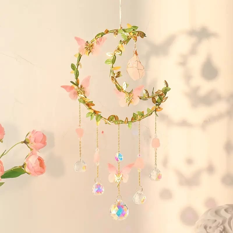 Olivenorma Rose Quartz Butterfly Good Luck Suncatcher Wind Chime