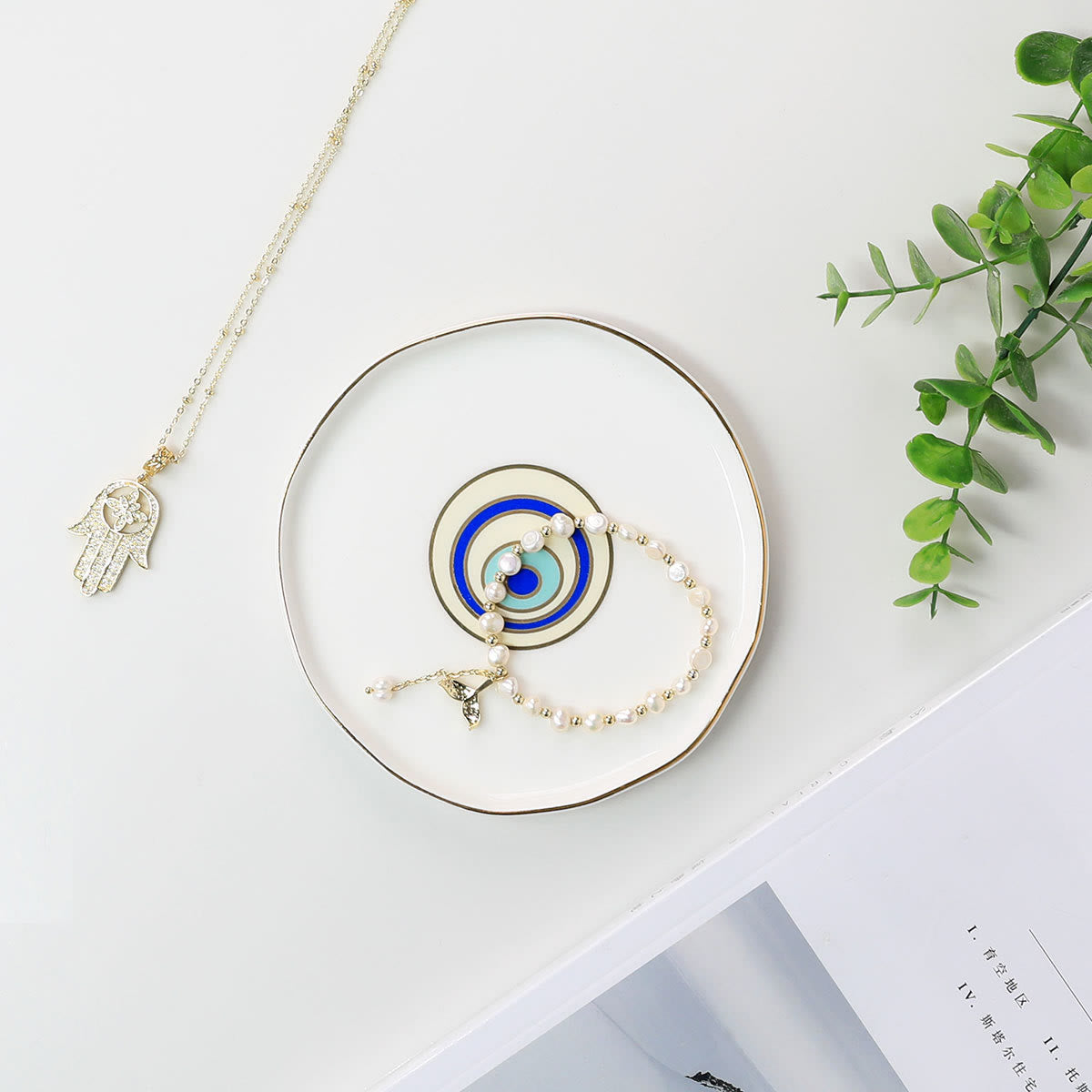 Olivenorma Ceramic Evil Eye Gold Rim Jewelry Dish Coaster