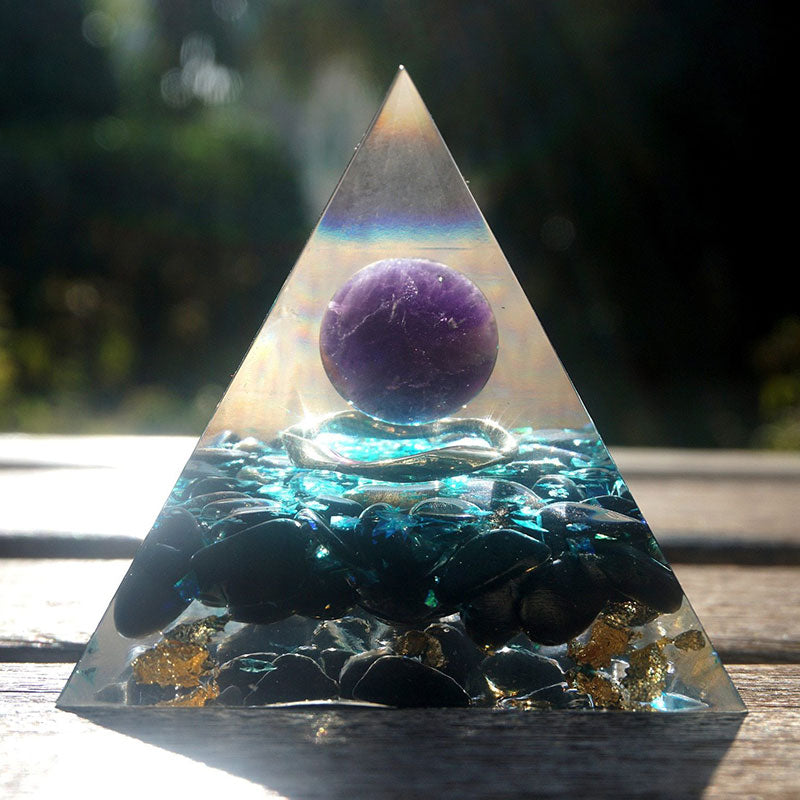 Olivenorma Amethyst Crystal Sphere with Obsidian Orgone Pyramid