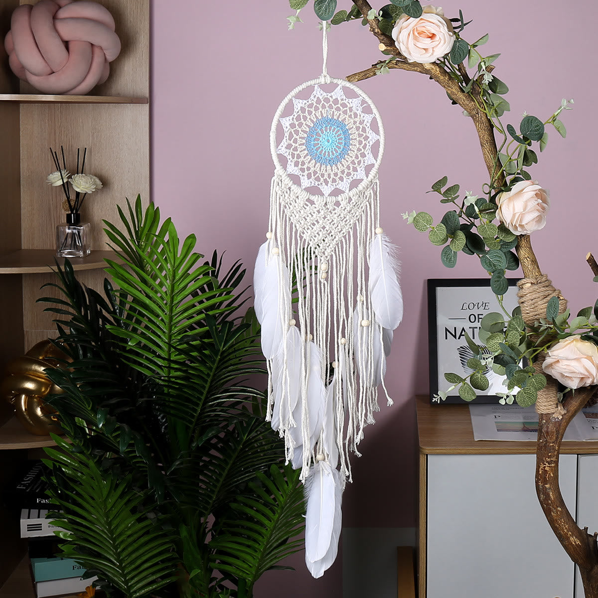 Olivenorma Boho Woven Cotton Rope White Feather Dream Catcher