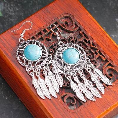 Olivenorma Turquoise Silver Feather Tassel Earrings