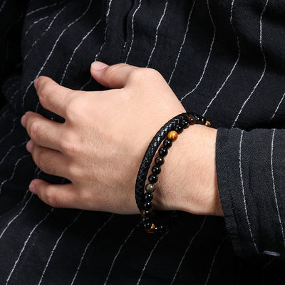 Olivenorma Mens Beaded Leather Two Layer Bracelet