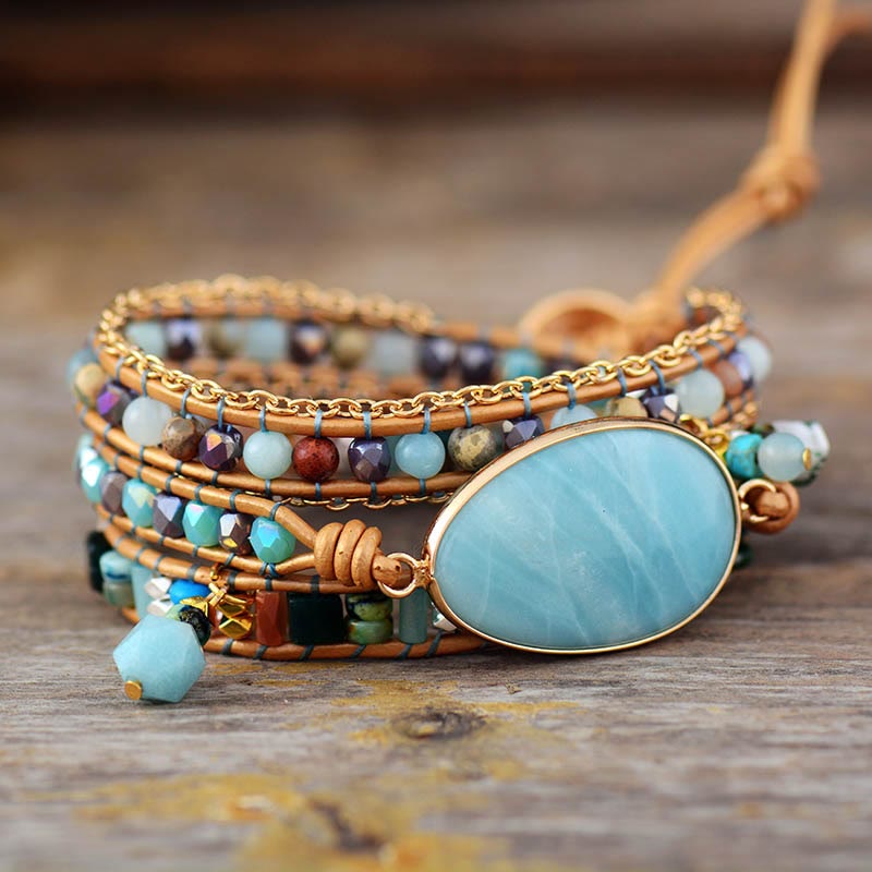 Natural Amazonite Handwoven Leather Wrap Bracelet