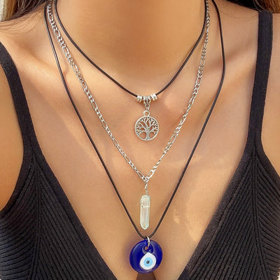 Olivenorma Obsidian Tree Of Life Evil Eye Pendant Necklace Set