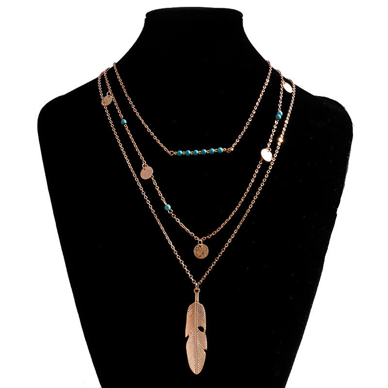 Olivenorma Turquoise Leaf Pendant Three Layer Necklace