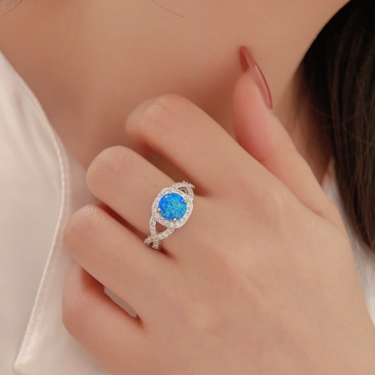 Olivenorma Blue Opal White Zircon 925 Sterling Silver Ring