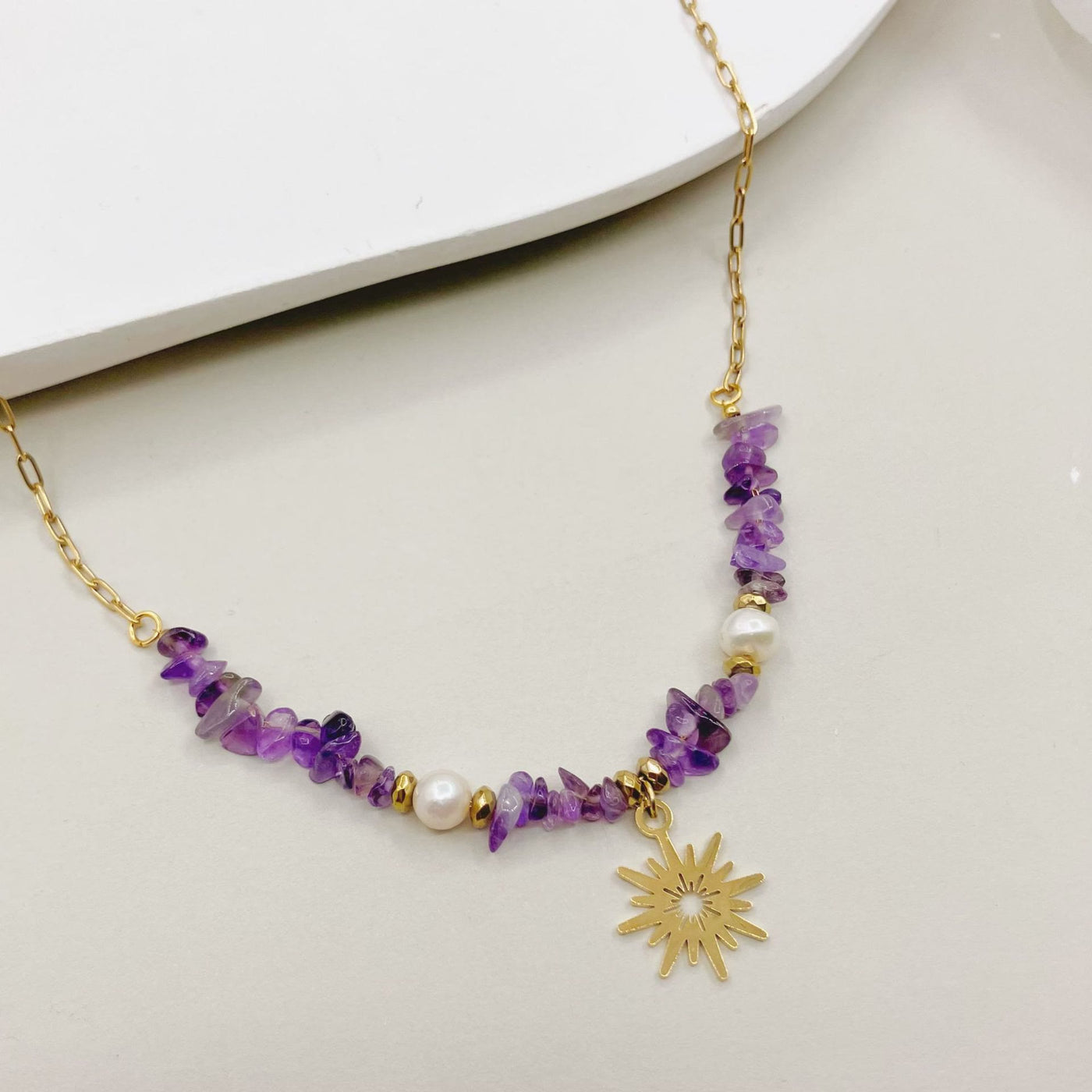 Olivenorma Irregular Amethyst Pearl 16 Pointed Star Pendant Necklace