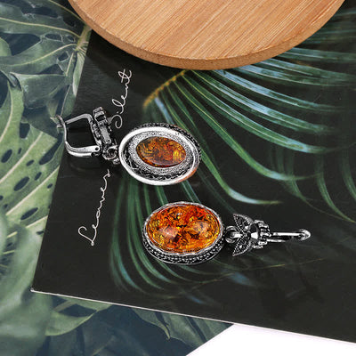 Retro Floral Silver Amber Earrings