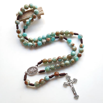 Olivenorma Amazonite Maria Holy Medal Cross Pendant Rosary Necklace