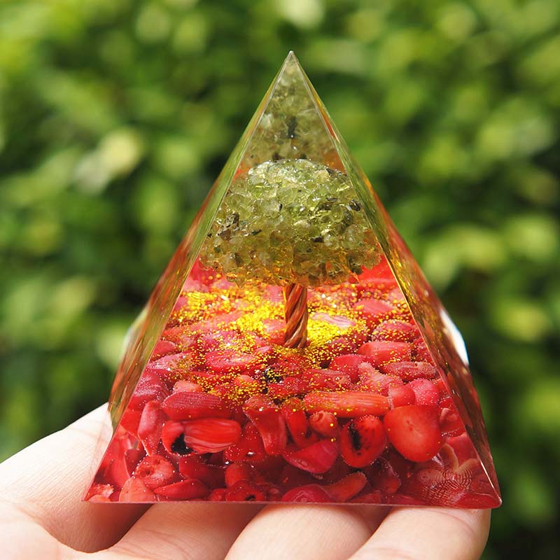 Olivenorma Peridot With Red Coral Tree Of Life Orgone Pyramid