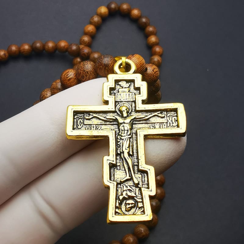 Olivenorma Cross Pendant Wooden Beads Rosary Necklace