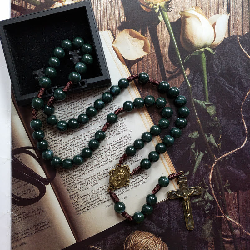 Olivenorma Moss Agate Holy Medal Cross Pendant Rosary Necklace