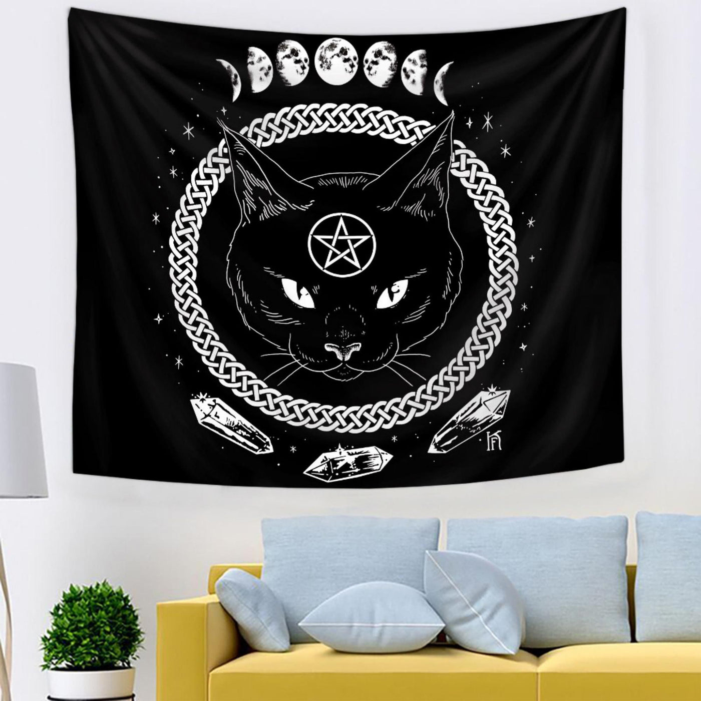 Olivenorma Black Cat Witch Moon Phase Pattern Tapestry