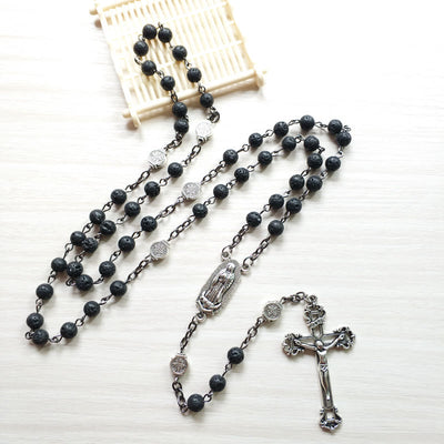 Olivenorma Lava Stone Catholic Cross Pendant Rosary Necklace