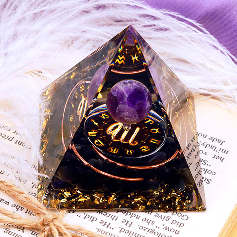 Olivenorma Amethyst Sphere With Obsidian Zodiac Virgo Orgone Pyramid