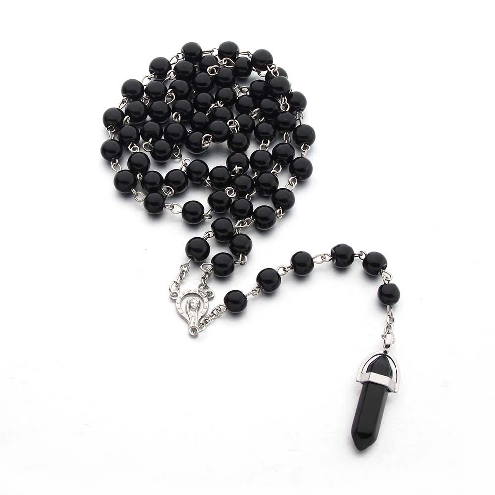 Olivenorma Obsidian Christianity Crystal Hexagon Pendant Rosary Necklace