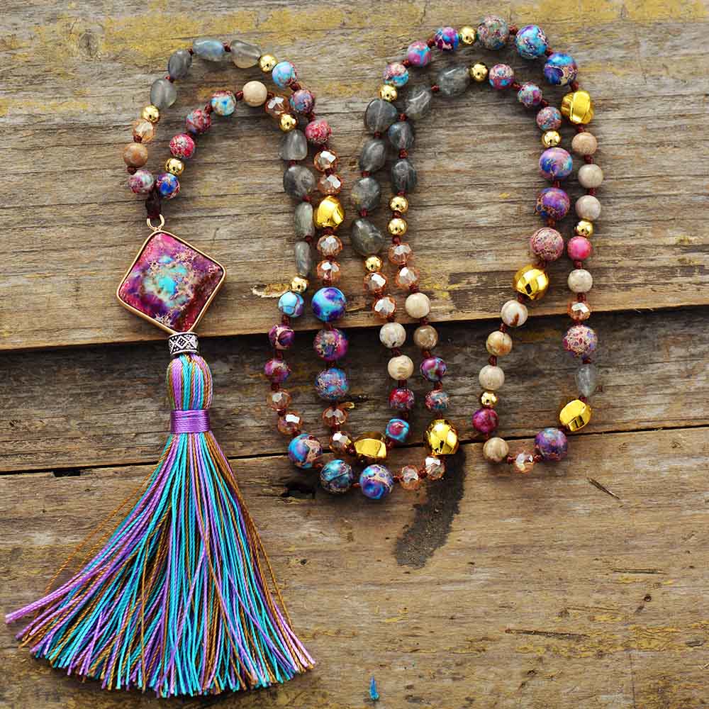 Olivenorma Mala Beads Natural Stone Chakra Tassel Necklace