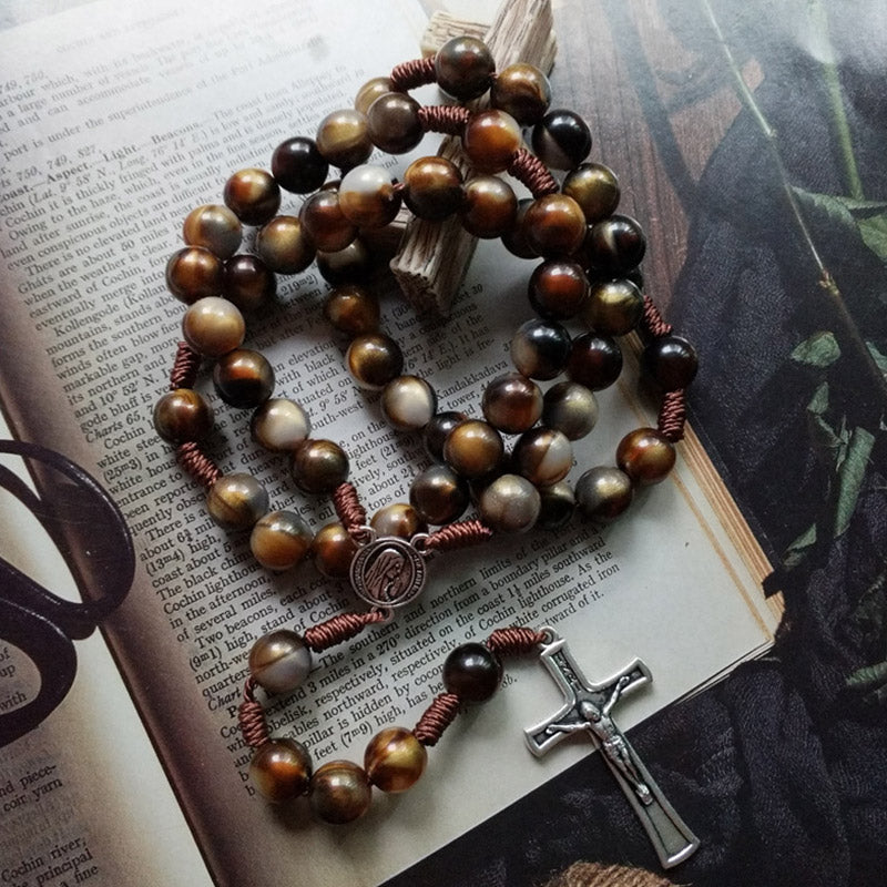 Olivenorma 10mm Agate Beads Jesus Cross Pendant Rosary Necklace - image 3