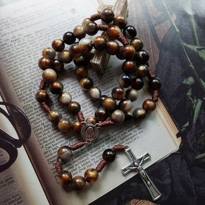 Olivenorma 10mm Agate Beads Jesus Cross Pendant Rosary Necklace - image 3