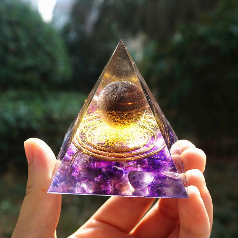 Olivenorma Tiger Eye Crystal Ball with Amethyst Orgone Pyramid