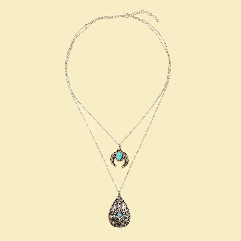 Olivenorma Turquoise Drop Carved Double Layer Pendant Necklace