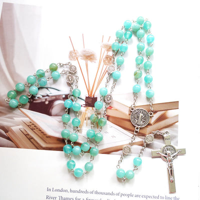 Olivenorma Amazonite Medal Silver Cross Rosary Pendant Necklace