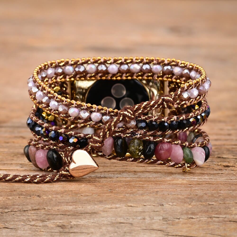 Olivenorma Strawberry Quartz Obsidian Apple Watch Strap Wrap Bracelet