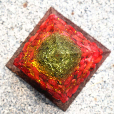 Olivenorma Peridot With Red Coral Tree Of Life Orgone Pyramid