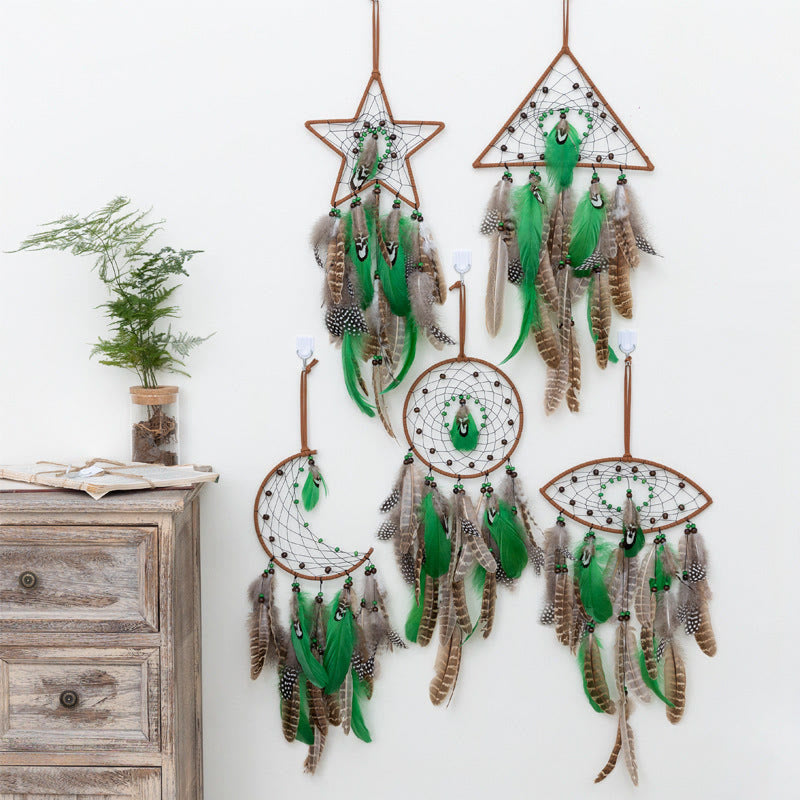 Olivenorma Natural Green Wooden Beads Peacock Feather Dream Catcher