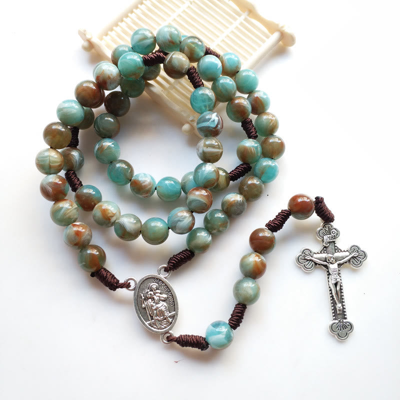 Olivenorma Amazonite Maria Holy Medal Cross Pendant Rosary Necklace