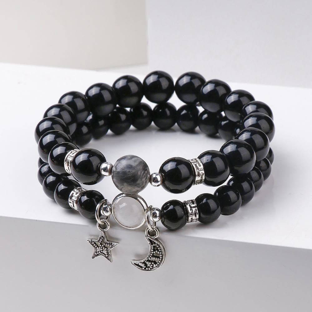 Olivenorma Blue Sandstone Obsidian 6mm Beaded Star and Moon Bracelet