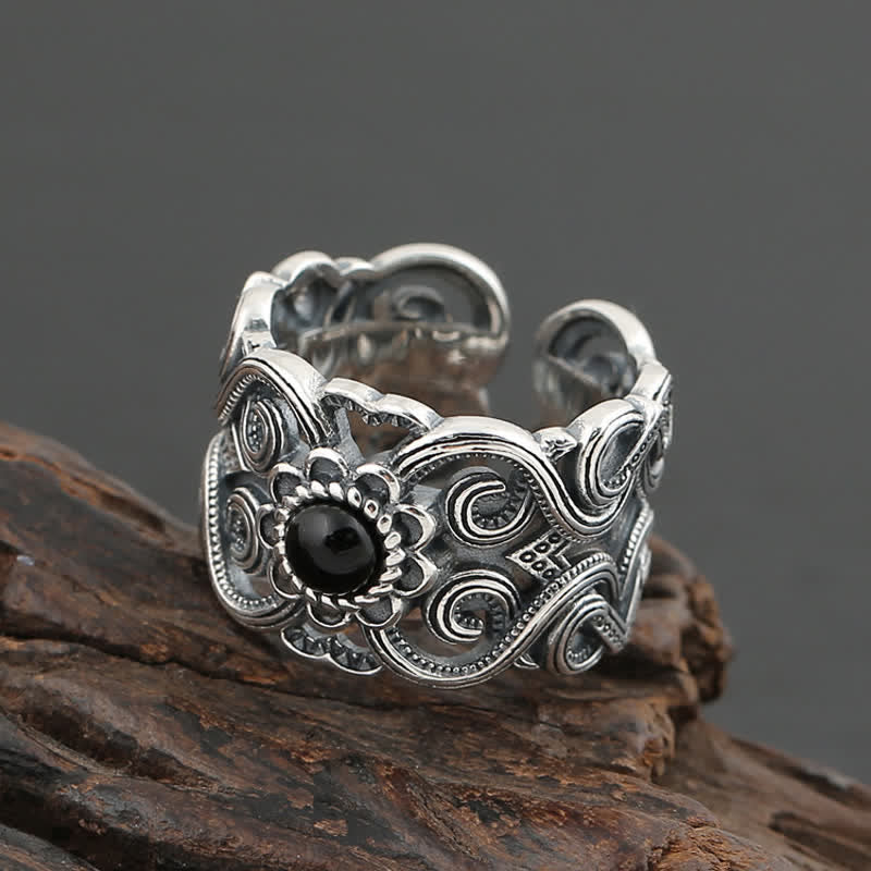 Olivenorma Ethnic Black Onyx Pattern Adjustable Ring