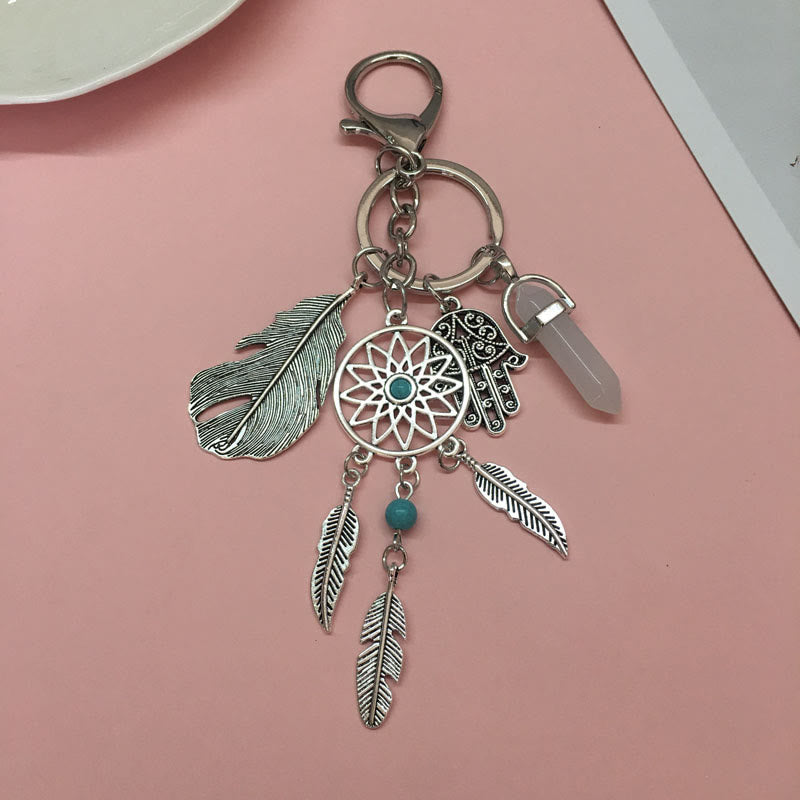 Olivenorma Natural Gemstone Dreamcatcher Pendants Hamsa Keychain