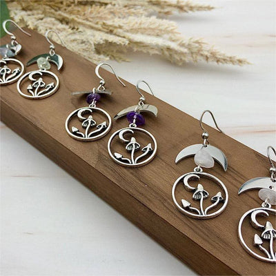 Olivenorma Natural Crystal Moon Mushroom Pendant Earrings