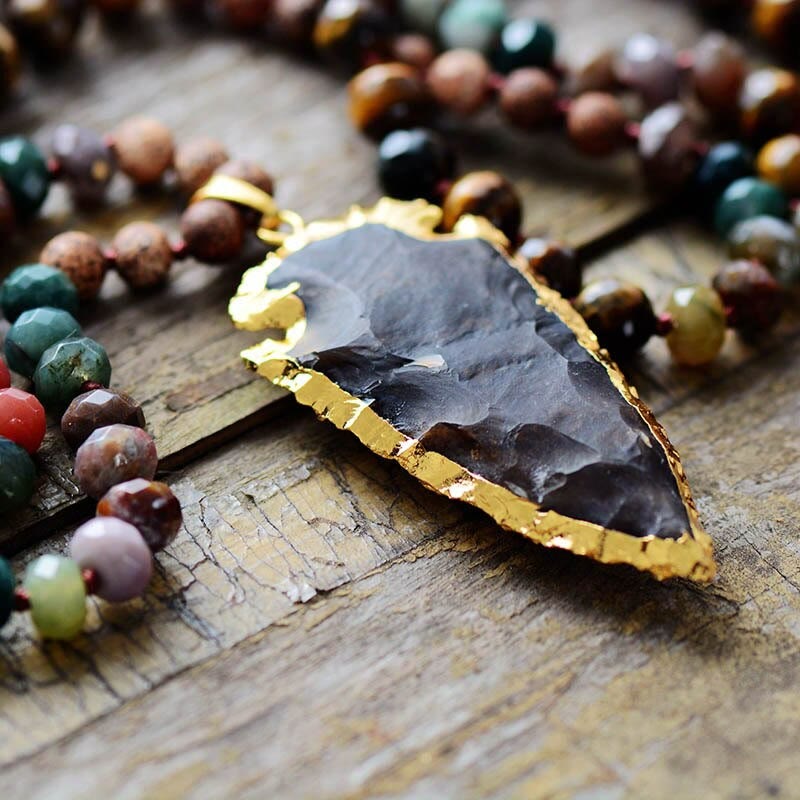 Olivenorma Tiger Eye Obsidian Stone Arrowhead Pendant Mala Necklace