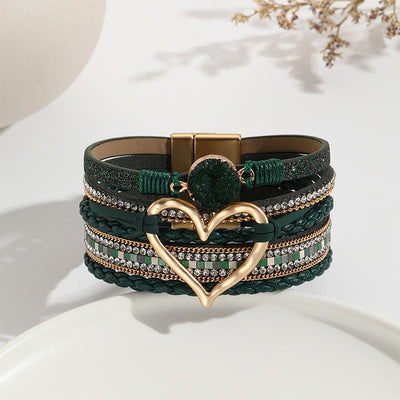 Olivenorma Multicolor Crystal Cluster Metallic Heart Braided Leather Bracelet