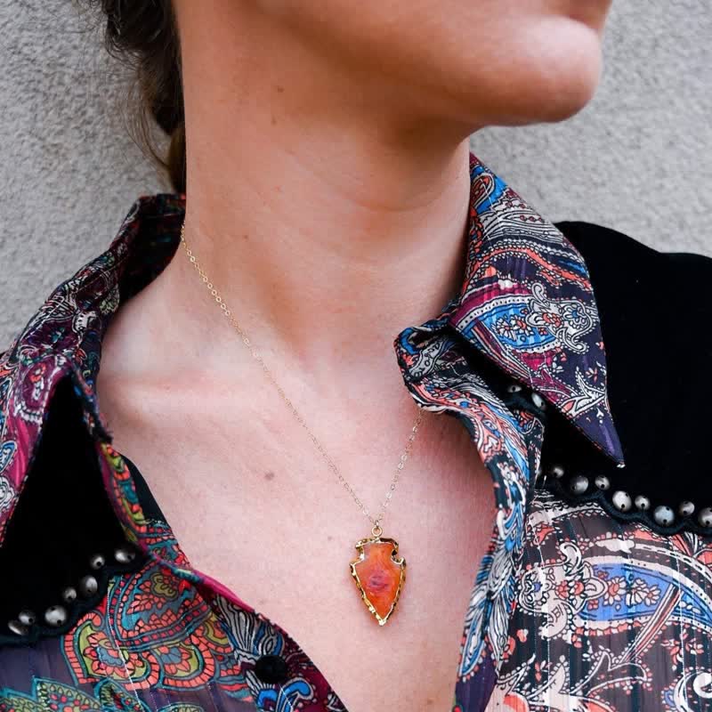 Carnelian Leaf Shape Gold Edged Crystal Necklace