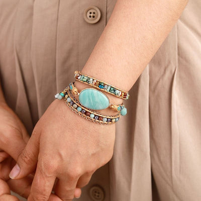 Natural Amazonite Handwoven Leather Wrap Bracelet