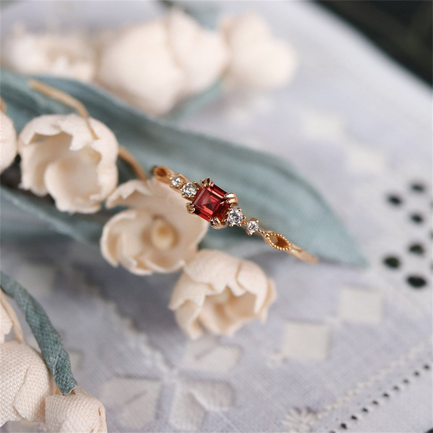 Olivenorma Dainty Square Garnet Gold Minimalist Ring