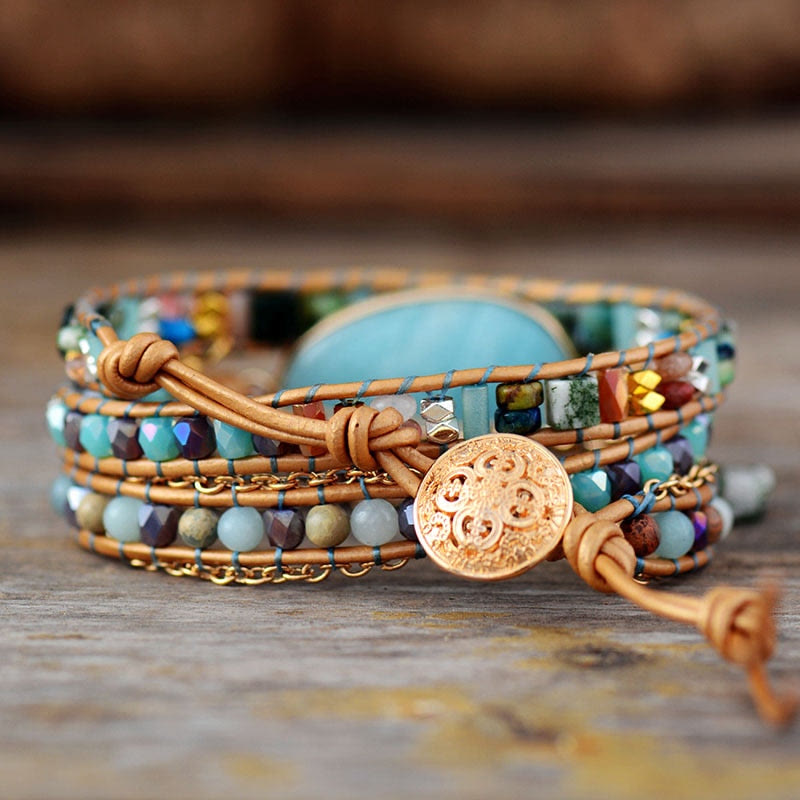 Natural Amazonite Handwoven Leather Wrap Bracelet