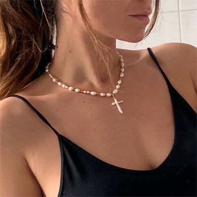 Olivenorma Freshwater Pearl Cross Pendant Necklace