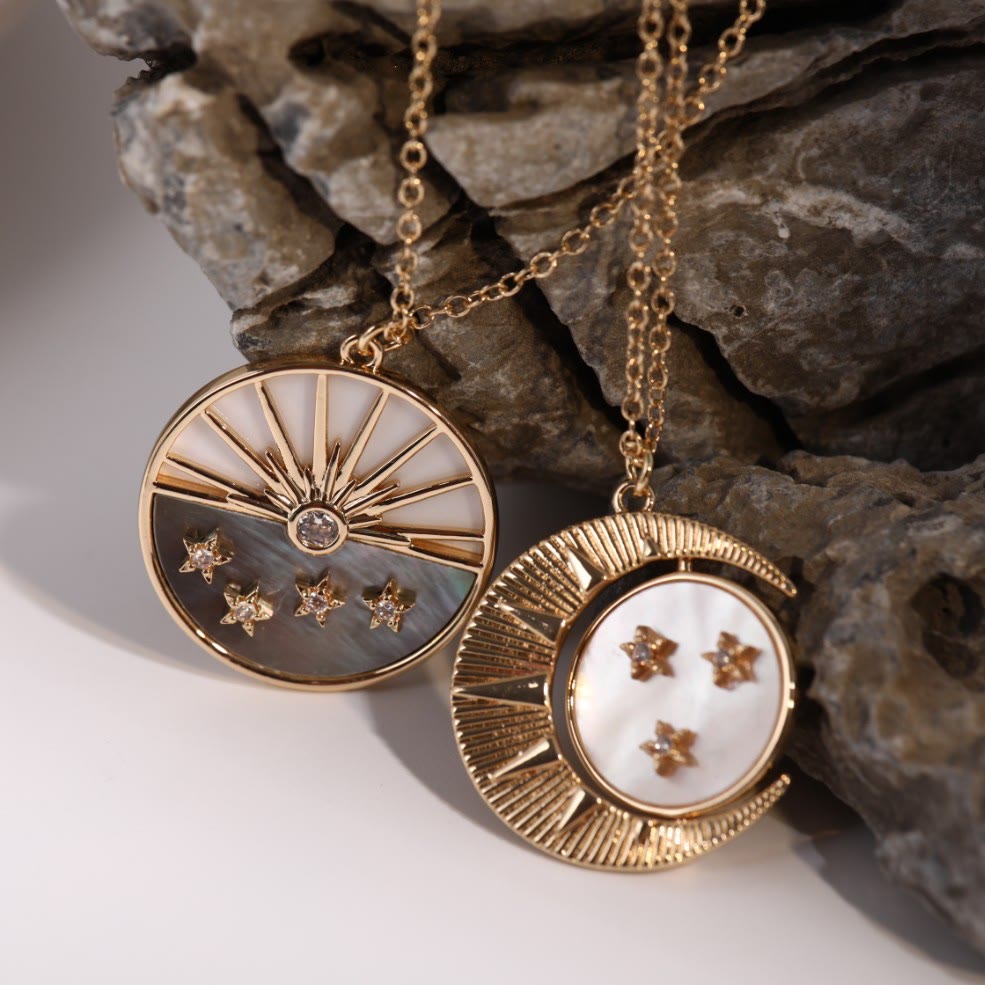 Olivenorma Nacre White Zircon Moon Star Gold Plated Copper Necklace