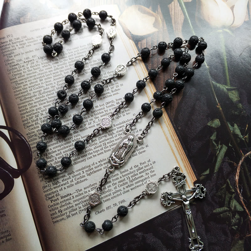 Olivenorma Lava Stone Catholic Cross Pendant Rosary Necklace