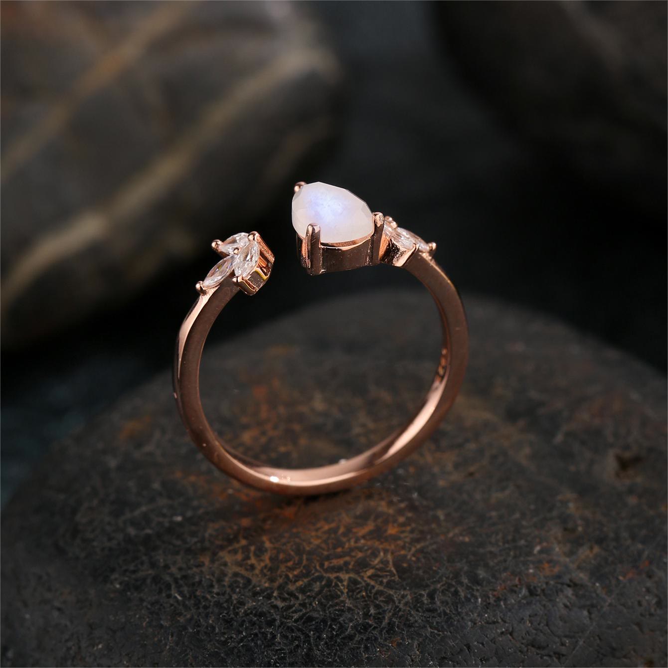 Olivenorma Faceted Moonstone White Zircon Leaf Adjustable Ring