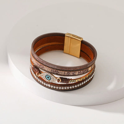 Olivenorma Zircon Evil Eye Faux Leopard Leather Pattern Bracelet